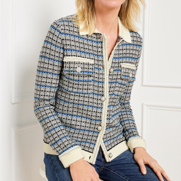 TALBOTS Mademoiselle Plaid Coatigan Sweater Tweed Pearl Buttons Size Medium - Picture 10 of 10
